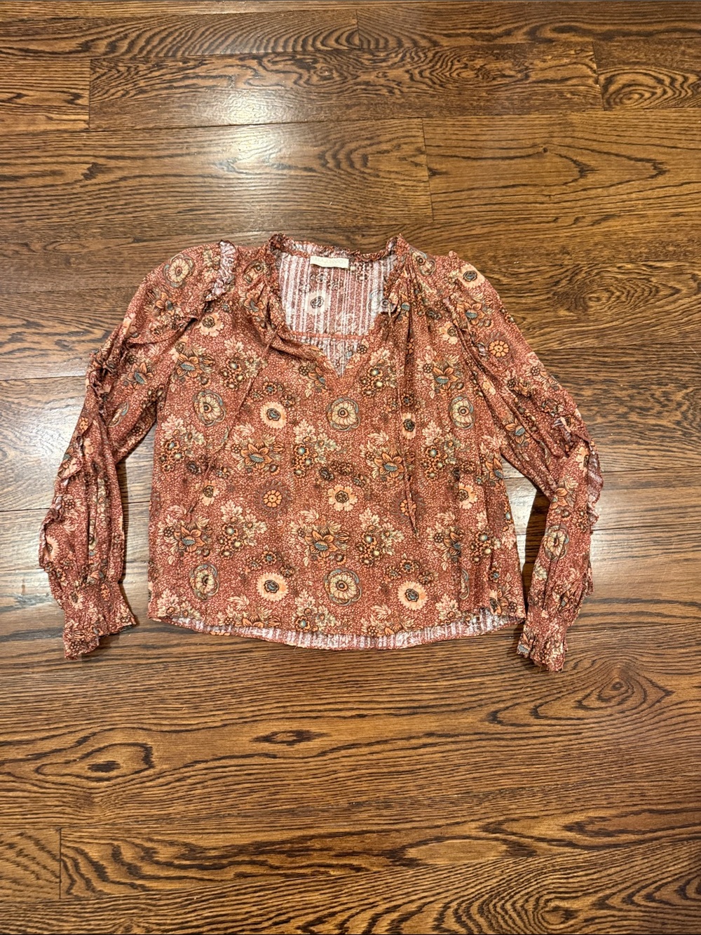Ulla Johnson Rust Floral V-Neck Long-Sleeve Blouse